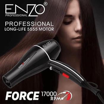 ENZO EN-111B Professional Hair Dryer – 2000W Ionic Hair Dryer with 3 Heat Settings 2 Speed Settings and Diffuser Attachment