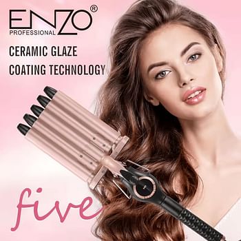 ENZO EN-1970 5-Barrel Hair Curler - Professional Hair Waver with Ceramic Coating Fast Heat-Up Adjustable Temperature and Cool Tip - Perfect for Beach Waves and Voluminous Curls