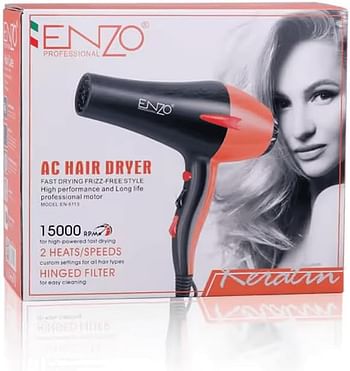 ENZO EN-6113 5500W Professional Hair Dryer – Super Fast Drying with AC Motor, 3 Heat Settings, 2 Speed Settings, and Concentrator Nozzle