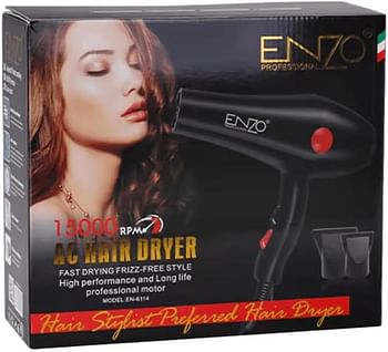 PRECISIONWARE ENZO EN-6114 Professional Hair Dryer – 2200W High-Power with Ionic Technology, 3 Heat Settings, 2 Speed Settings, and Concentrator Nozzle