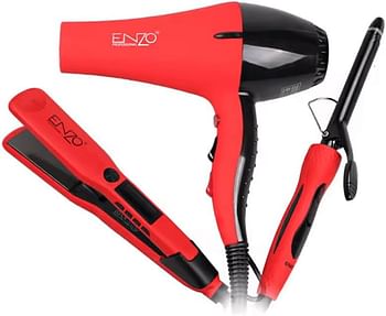 ENZO EN-6306 Professional Italian Hair Styling Package 3-Piece Set - Includes Hair Dryer, Ceramic Straightener, and Curling Iron