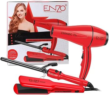 ENZO EN-6309-3-in-1 Professional Hair Styling Set – Includes 2000W Hair Dryer, Ceramic Straightener, and Curling Iron