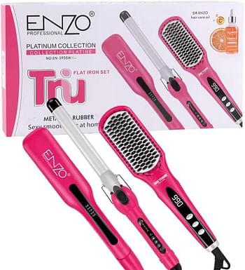 ENZO EN-3955W 3-in-1 Platinum Collection Hair Styling kit - Versatile Hot Air Brush, Straightener, and Curling Iron with Platinum Ceramic Technology-Pink