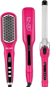 ENZO EN-3955W 3-in-1 Platinum Collection Hair Styling kit - Versatile Hot Air Brush, Straightener, and Curling Iron with Platinum Ceramic Technology-Pink