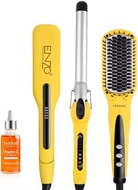 ENZO EN-3955W 3-in-1 Platinum Collection Hair Styling kit - Versatile Hot Air Brush, Straightener, and Curling Iron with Platinum Ceramic Technology-YELLOW