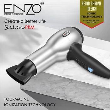 PRECISIONWARE ENZO EN-8225 Professional Hair Dryer – 2200W Ionic Hair Dryer with 3 Heat Settings, 2 Speed Settings, and Diffuser Attachment