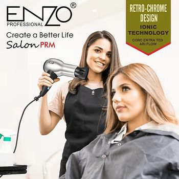 PRECISIONWARE ENZO EN-8225 Professional Hair Dryer – 2200W Ionic Hair Dryer with 3 Heat Settings, 2 Speed Settings, and Diffuser Attachment