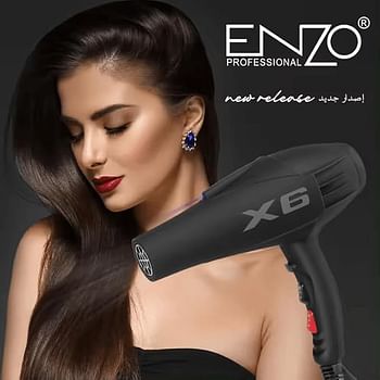 ENZO Salon High-Power Hair Blow Dryer 2500W Professional Hair Dryer with Ionic Technology 3 Heat Settings 2 Speed Settings and Concentrator Nozzle EN-X6 - Black