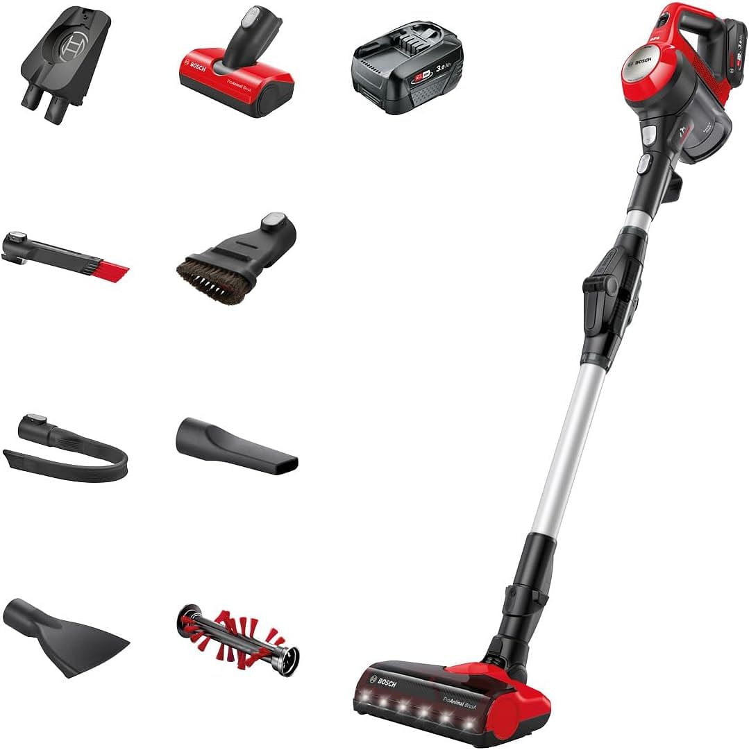 Bosch Cordless Stick Vacuum Cleaner, Unlimited 7 ProAnimal, 3.0 Ah battery, Flex Tube, lightweight handheld, LED lights, ProAnimal Brush, Red,BCS71PETGB, Made in Germany,