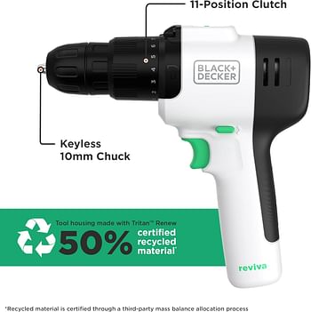 Black & Decker Reviva Powerful 12V Cordless Lightweight Hammer Drill Made From 50% Recycled Material with maximum 400Nm torque REVHD12C-GB