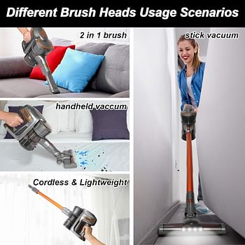 Cordless Vacuum Cleaner, Powerful 15KPa Cordless Lightweight Stick Vacuums & Electric Broom, Handheld HEPA Vacuum Cleaner with 2 in 1 Brush for Home and Car Cleaning