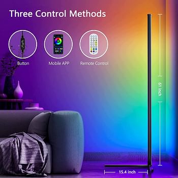 Corner Floor Lamp Smart RGB Floor Lamp Dimmable LED Corner Lamp With Music Sync Color Changing APP Control Remote, 56" Standing Floor Lamp for Gaming Living Room Bedroom Birthday Party Christmas