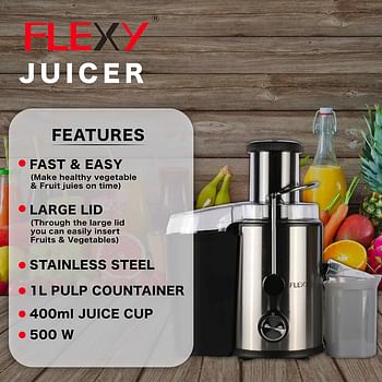 FLEXY® Juicer Machine | Big Mouth with Feed chute | Easy to Clean (500W) - Elegant Black