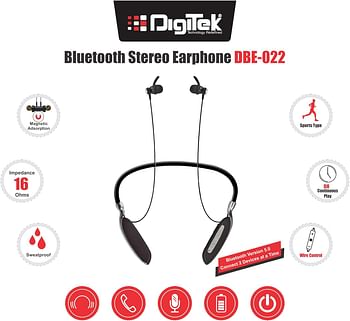 Digitek Premium Wireless Bluetooth 5.0 HD Stereo Sound Headset over the head Ultra Flexible Neck Band with Magnetic Earbuds Black (DBE-022)