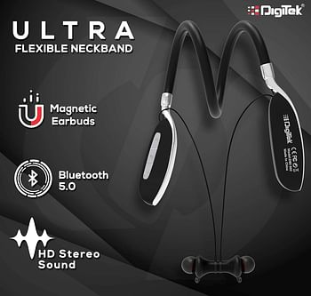 Digitek Premium Wireless Bluetooth 5.0 HD Stereo Sound Headset over the head Ultra Flexible Neck Band with Magnetic Earbuds Black (DBE-022)