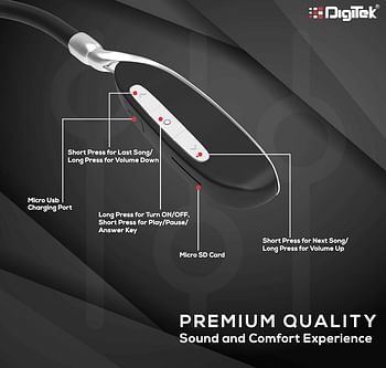 Digitek Premium Wireless Bluetooth 5.0 HD Stereo Sound Headset over the head Ultra Flexible Neck Band with Magnetic Earbuds Black (DBE-022)