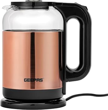 Geepas Electric Glass Kettle 1.L, 360° Rotation Base, Cord Storage, Glass Body Clear Water Label Gauge, Perfect Pour Wide Opening, Safe & Convenient, automatic Shut-Off Function|1. L 1500 W GK38063