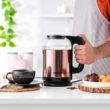 Geepas Electric Glass Kettle 1.L, 360° Rotation Base, Cord Storage, Glass Body Clear Water Label Gauge, Perfect Pour Wide Opening, Safe & Convenient, automatic Shut-Off Function|1. L 1500 W GK38063