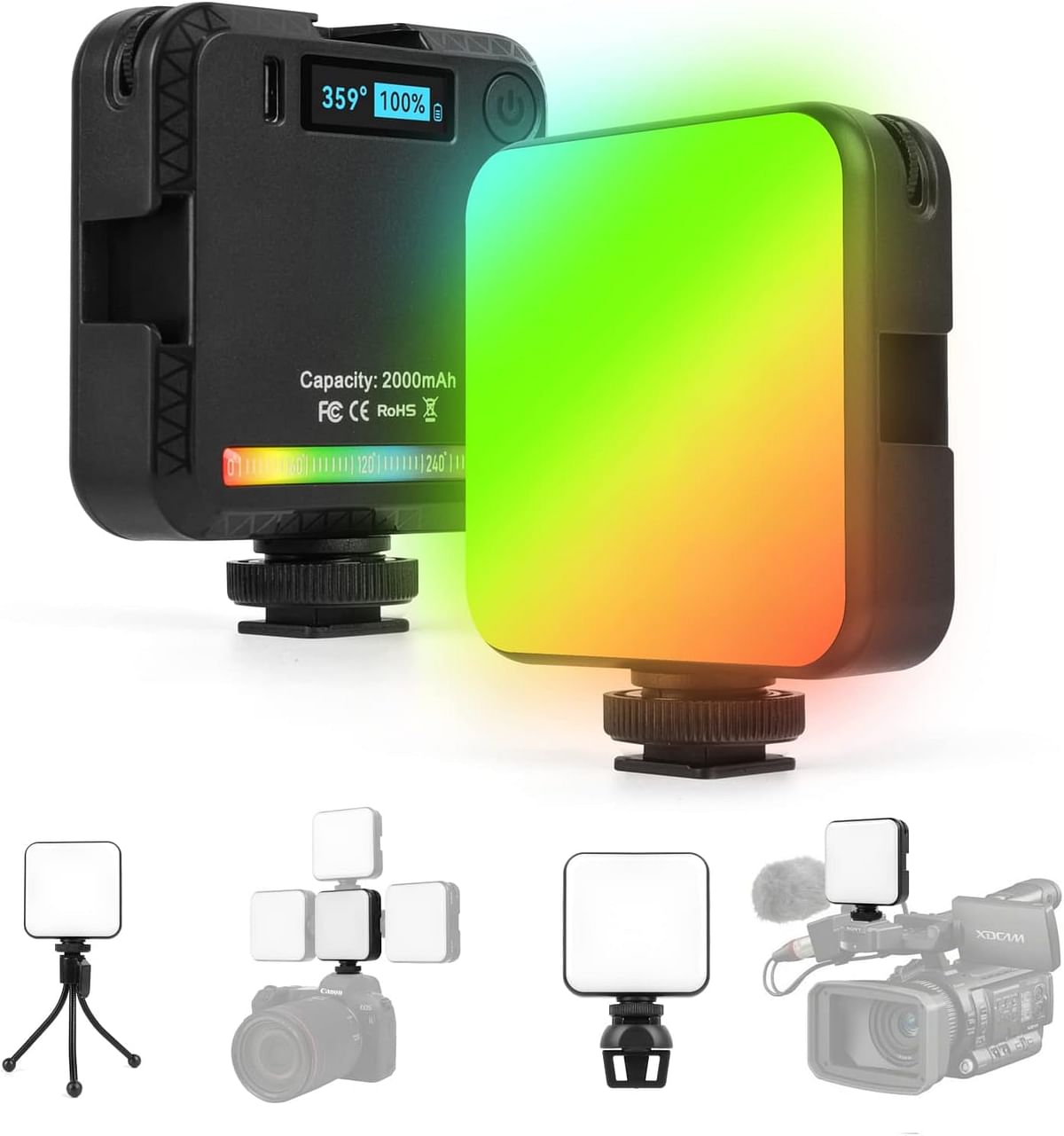 Baytion RGB 360°Full Color Video Lights Portable CRI 95+ 2500K-9000K Photography Light with 1/4”Screw Thread 3 Cold Shoe 20 Light Effects Built-in 2000mAh Rechargeable Battery for Video Shooting