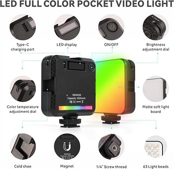 Baytion RGB 360°Full Color Video Lights Portable CRI 95+ 2500K-9000K Photography Light with 1/4”Screw Thread 3 Cold Shoe 20 Light Effects Built-in 2000mAh Rechargeable Battery for Video Shooting