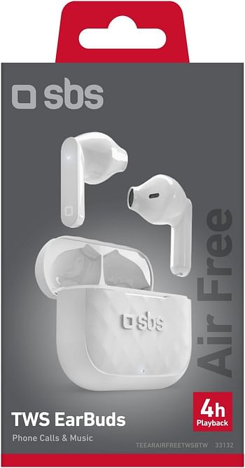 SBS Air Free True Wireless Earphones 250 mAh Charging Case Premium Audio Quality for Music and Exercise Lightweight & Compact Comfortable - White