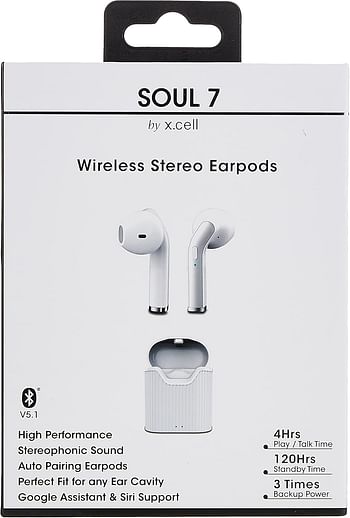 Xcell Soul 7 Bluetooth 5.0 Earbuds with Compact Pocket Fit Design Google & Siri Support Compatible - White