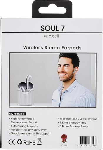 Xcell Soul 7 Bluetooth 5.0 Earbuds with Compact Pocket Fit Design Google & Siri Support Compatible - White