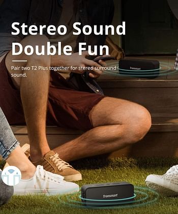 Tronsmart 357167 Waterproof Bluetooth speaker T2 PLUS Portable Speaker with 24 Hours Playtime IPX7 Wireless 5.0 Voice Assistant Built-In Mic for Phone Outdoor - Black