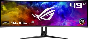 ASUS ROG Swift OLED PG49WCD gaming monitor 49-inch 5120x1440 curved QD-OLED panel, 144 Hz, 0.03 ms, G-SYNC® compatible, custom heatsink, uniform brightness, ROG Smart KVM, 90 W Type-C - BLACK