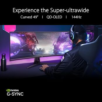 ASUS ROG Swift OLED PG49WCD gaming monitor 49-inch 5120x1440 curved QD-OLED panel, 144 Hz, 0.03 ms, G-SYNC® compatible, custom heatsink, uniform brightness, ROG Smart KVM, 90 W Type-C - BLACK