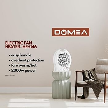 DOMEA Electric Fan Heater 2000 W For Home/Flat/Office With 2 Heat Settings Fan/Warm/Hot Function Thermostat Control Overheat Protection Easy To Handle - White