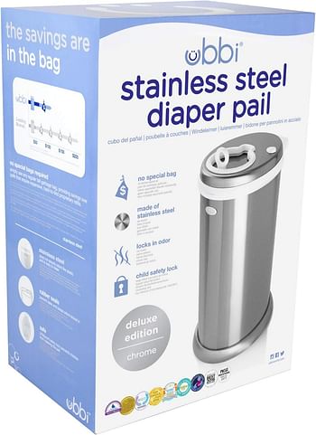 Ubbi Money Saving, Awards Winning, Modern Design Registry Must Have Nappy Pail, Chrome, 1 Count Pack of 1, 10027, Silver