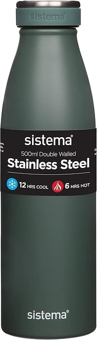 Sistema Hydrate Stainless Steel Water Bottle 500 ml Leak-Proof Reusable BPA & Phthalate Free Double Wall Vacuum Insulation Keeps Cold for 12 hrs Hot 6 hrs Assorted Colours