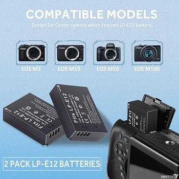 NATNO 2-Pack Battery LP-E12 Battery and Dual Battery Charger Replacement for Canon EOS-M EOS M2 EOS M10 EOS M50 EOS M50 Mark II EOS M100 EOS M200 SX70 HS Rebel SL1 Digital Cameras