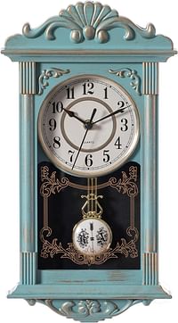 Clockswise Vintage Grandfather Wood-Looking Plastic Pendulum Decorative Battery-Operated Wall Clock for Office Home Decor Living Room Kitchen or Dining Room Blue with Gold Distressed Design