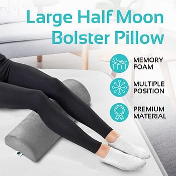 AllSett Health Large Half Moon Bolster Pillow for Legs, Knees, Lower Back and Head, Lumbar Support Pillow for Bed, Sleeping | Semi Roll for Ankle and Foot Comfort - Machine Washable Cover - Grey