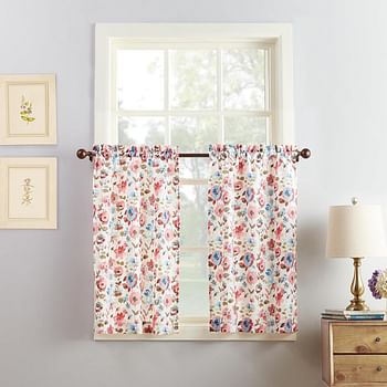 No. 918 Dora Floral Semi-Sheer Rod Pocket Kitchen Curtain Set 54" x 36" - Coral