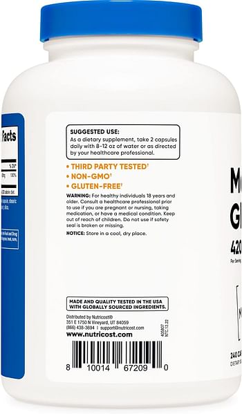 Nutricost Magnesium Glycinate 420mg, 240 Capsules - 120 Servings, Non-GMO, Gluten Free, Vegetarian Friendly (Packaging May Vary)