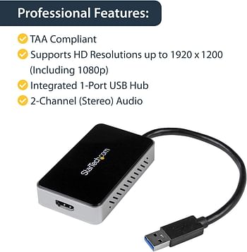 StarTech Usb To Dual Hdmi Adapter - 4K - External Video Card - Usb To Hdmi Adapter - Monitor Adapter - Usb 3.0 To Hdmi Usb 3.0 W/ Pass Through Port Usb32Hdeh - Black