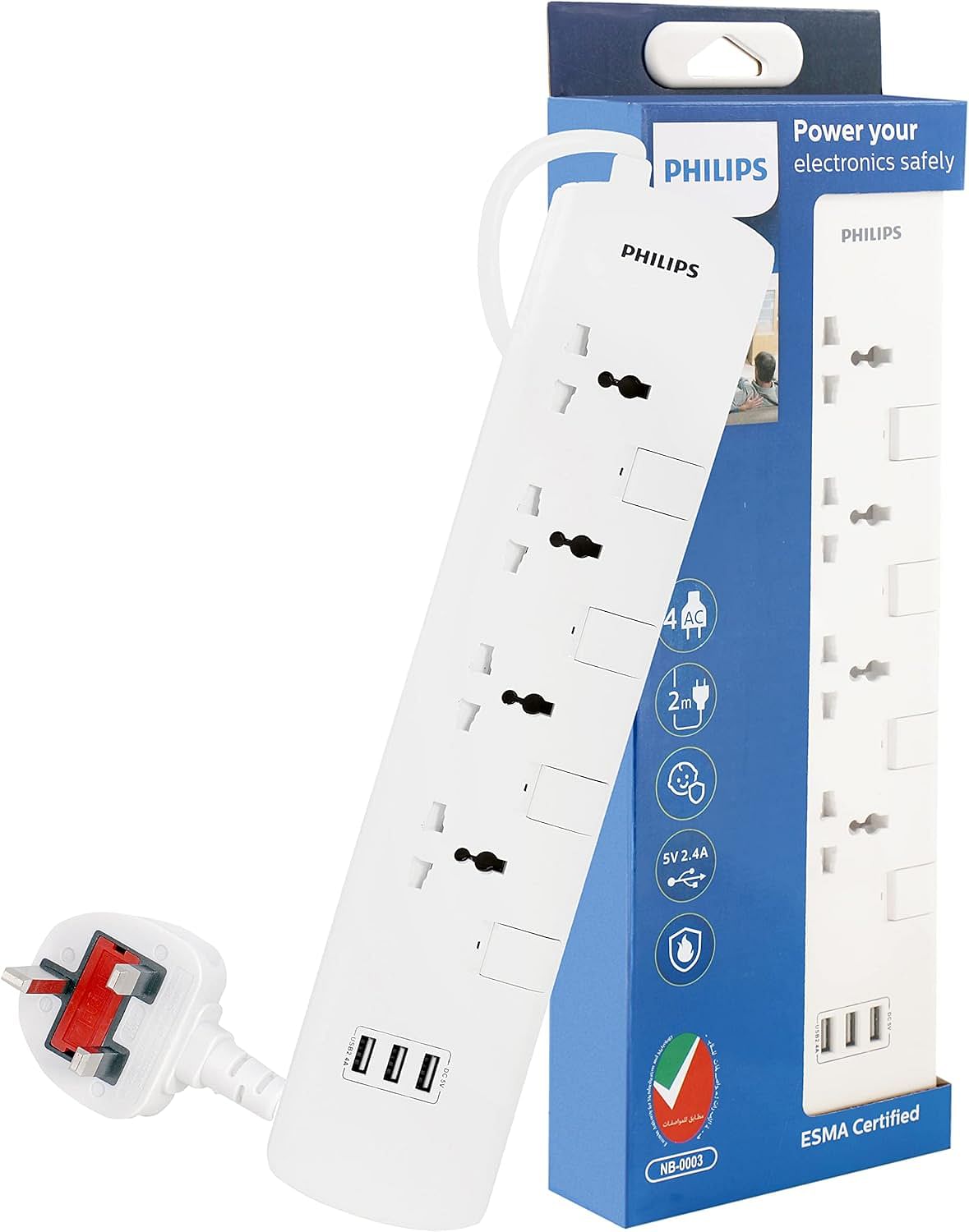 Philips 4 Gang 2 Meter Universal Extension Socket with Individual Switch & 3 USB 2.4A | Child Safety Shutters with Fire Rated | BS 13A Plug | ESMA Certified - SPN3144WA/56