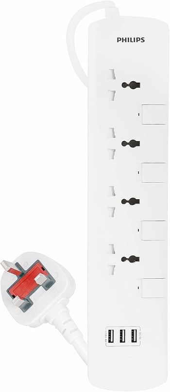 Philips 4 Gang 2 Meter Universal Extension Socket with Individual Switch & 3 USB 2.4A | Child Safety Shutters with Fire Rated | BS 13A Plug | ESMA Certified - SPN3144WA/56