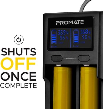 Promate Rechargeable Batteries Charger, Ultra-Fast Dual Mode Battery Charger with LCD Display, Smart Voltage Regulation and 2A Fast Charge-In for Ni-MH, Ni-CD AA, AAA, AAAA, PowerBay-2