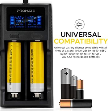 Promate Rechargeable Batteries Charger, Ultra-Fast Dual Mode Battery Charger with LCD Display, Smart Voltage Regulation and 2A Fast Charge-In for Ni-MH, Ni-CD AA, AAA, AAAA, PowerBay-2