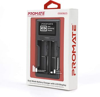 Promate Rechargeable Batteries Charger, Ultra-Fast Dual Mode Battery Charger with LCD Display, Smart Voltage Regulation and 2A Fast Charge-In for Ni-MH, Ni-CD AA, AAA, AAAA, PowerBay-2