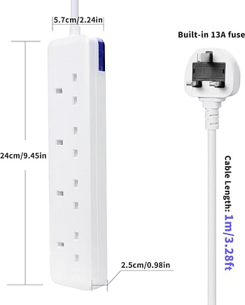 LIPWEL Fireproof Extension Power Socket (4 Way, 1m, White)