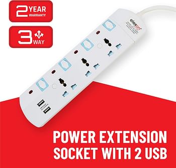 POWER EXTENSION SOCKET with 2 USB (Emirates ESMA Certified) 3 Way; 2-MTR. Universal Power Extension by ELEXON (EL 2008U)