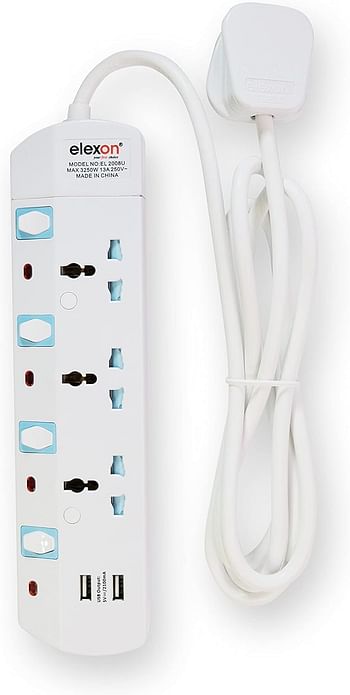 POWER EXTENSION SOCKET with 2 USB (Emirates ESMA Certified) 3 Way; 2-MTR. Universal Power Extension by ELEXON (EL 2008U)