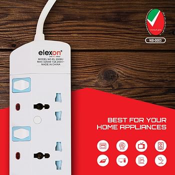 POWER EXTENSION SOCKET with 2 USB (Emirates ESMA Certified) 3 Way; 2-MTR. Universal Power Extension by ELEXON (EL 2008U)