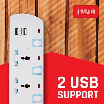 POWER EXTENSION SOCKET with 2 USB (Emirates ESMA Certified) 3 Way; 2-MTR. Universal Power Extension by ELEXON (EL 2008U)