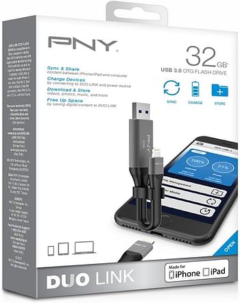 PNY Duo Link Sync and Charge 32GB Metal Gray for iPhone/iPad 32GB P-FDI32GLA02GC-RB